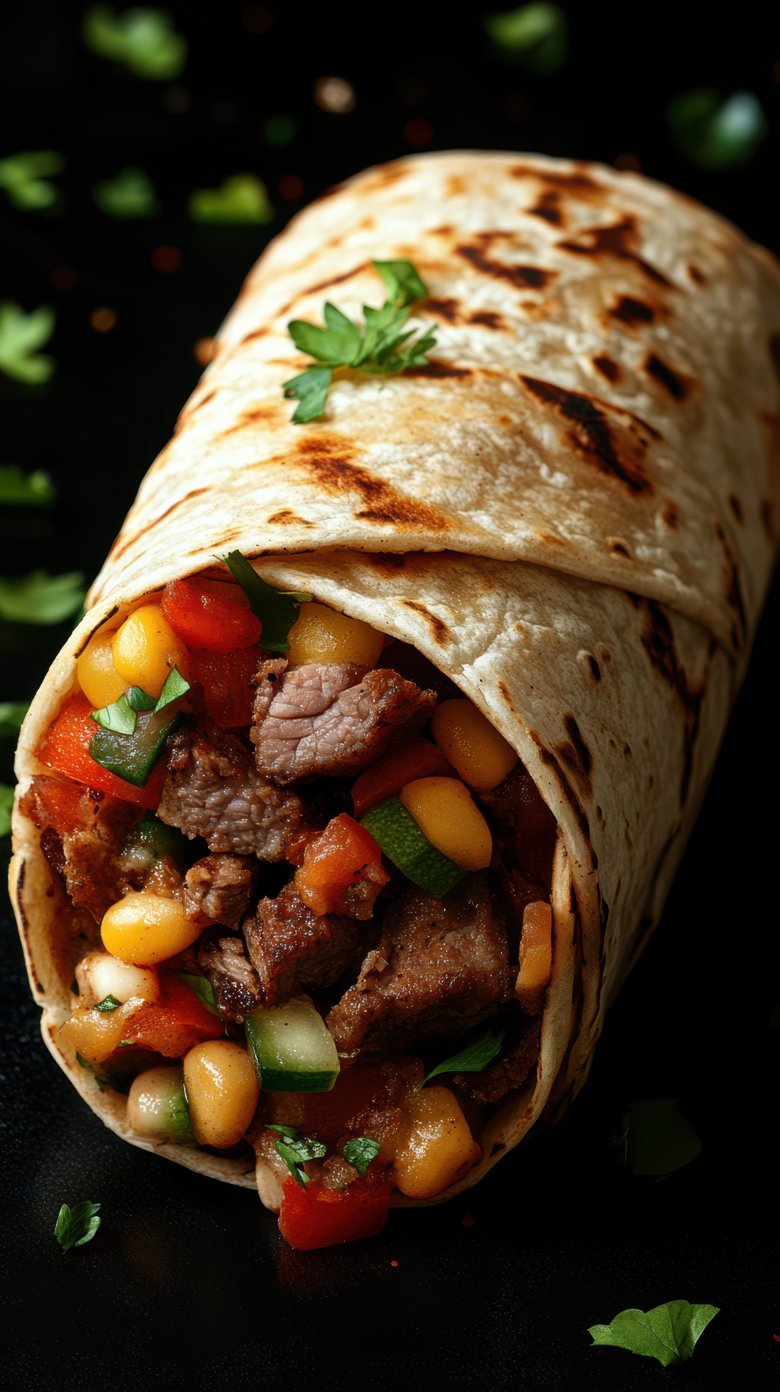 Delicious beef burrito wrapped in a warm tortilla with fresh vegetables and beans ready to enjoy